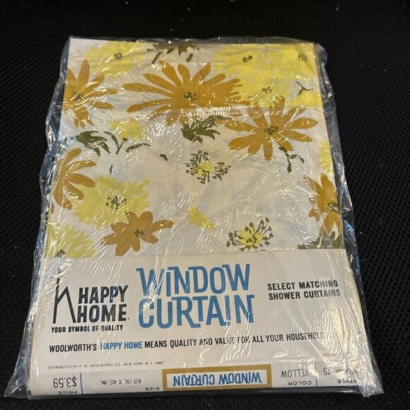 Other - Vtg 1960's Vinyl Window Curtain Sierra Yellow 66 x 45 Inch Happy Home Woolworth
